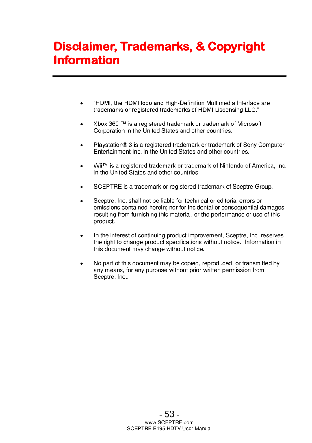 Sceptre Technologies E195 user manual Disclaimer, Trademarks, & Copyright Information 