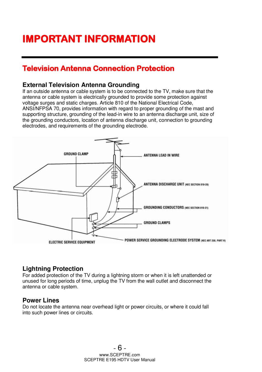 Sceptre Technologies E195 user manual Television Antenna Connection Protection, External Television Antenna Grounding 