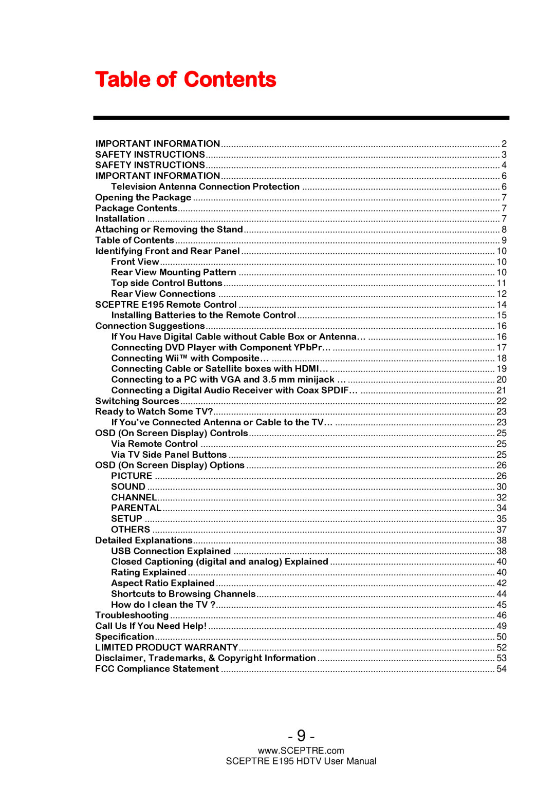 Sceptre Technologies E195 user manual Table of Contents 