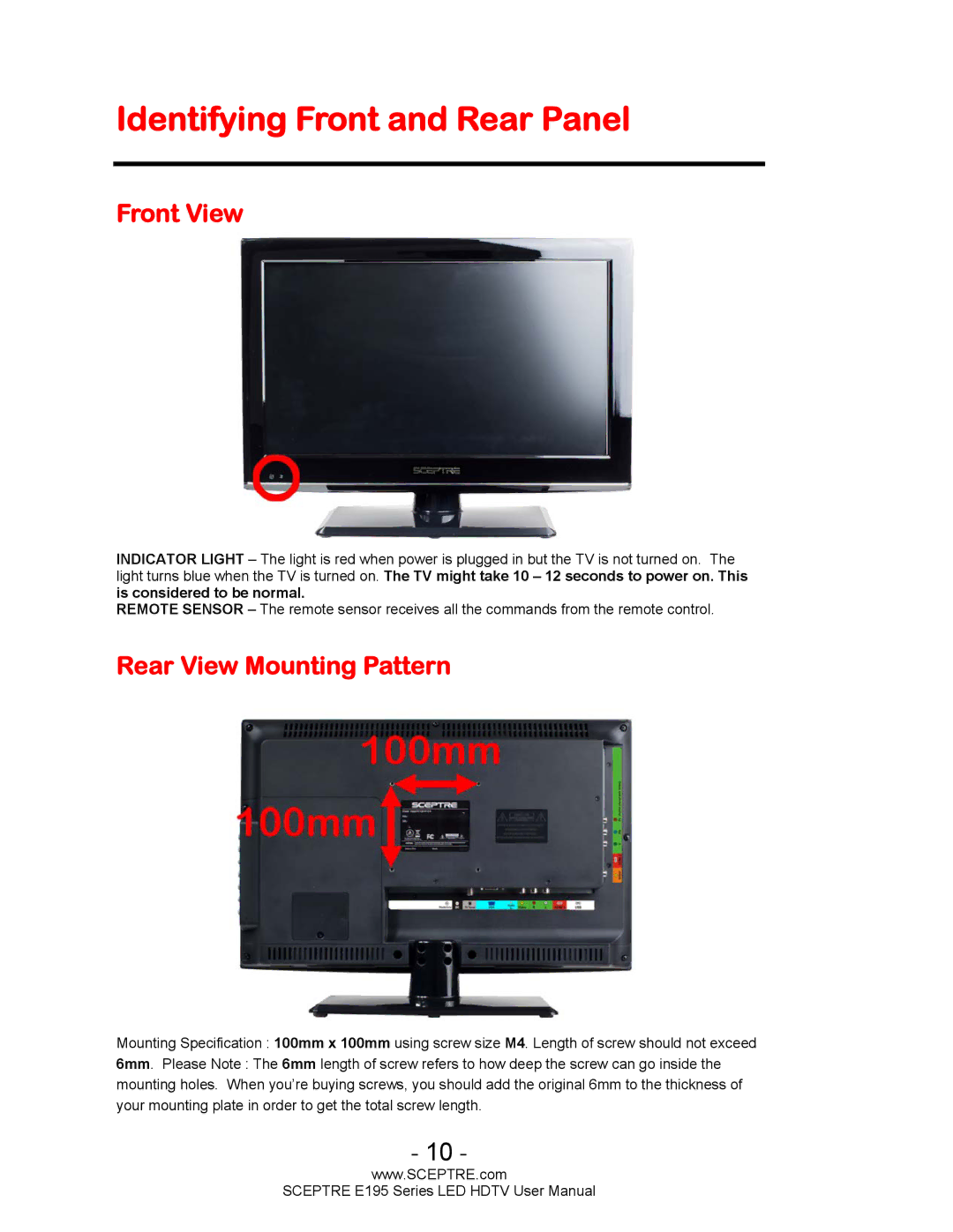 Sceptre Technologies E195 user manual Identifying Front and Rear Panel, Front View, Rear View Mounting Pattern 