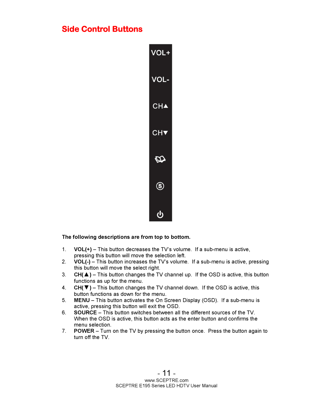 Sceptre Technologies E195 user manual Side Control Buttons, Following descriptions are from top to bottom 