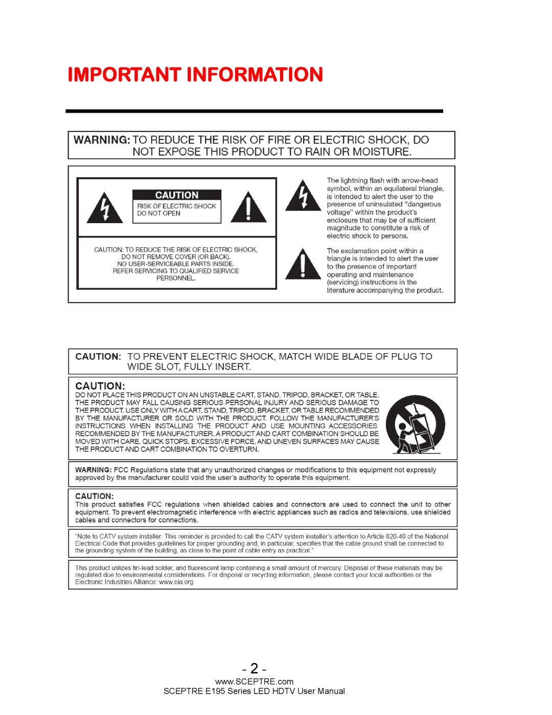 Sceptre Technologies E195 user manual Important Information 