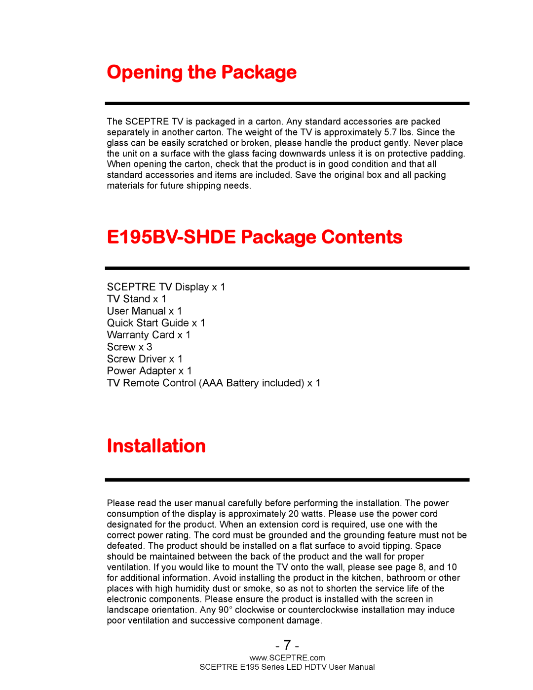 Sceptre Technologies user manual Opening the Package, E195BV-SHDE Package Contents, Installation 