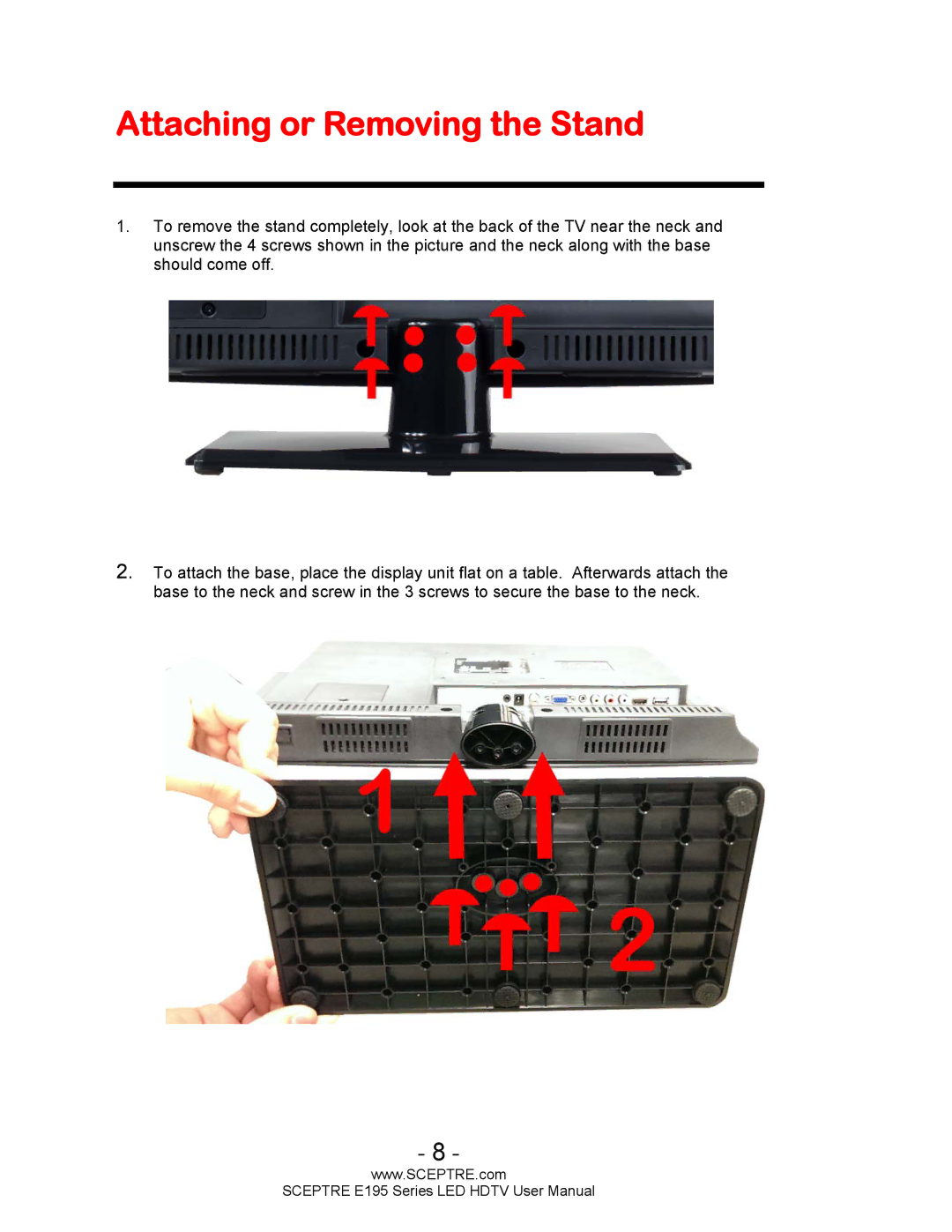 Sceptre Technologies E195 user manual Attaching or Removing the Stand 