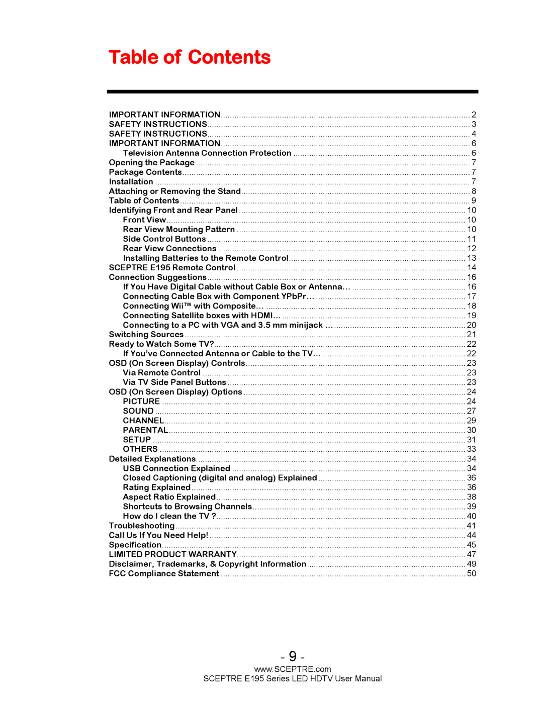 Sceptre Technologies E195 user manual Table of Contents 