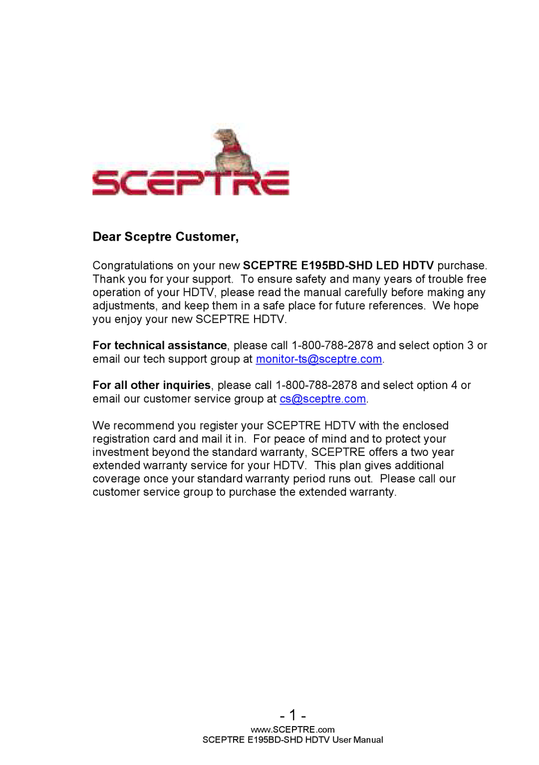 Sceptre Technologies E195BD-SHD user manual Dear Sceptre Customer 