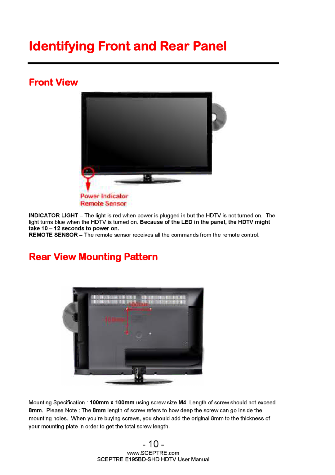 Sceptre Technologies E195BD-SHD user manual Identifying Front and Rear Panel, Front View, Rear View Mounting Pattern 