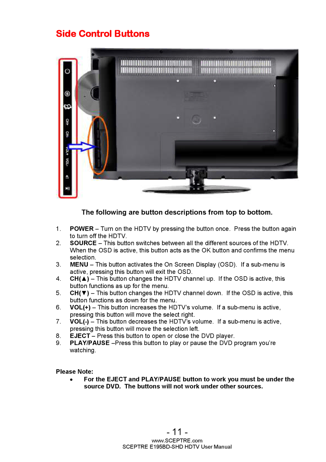 Sceptre Technologies E195BD-SHD user manual Side Control Buttons, Following are button descriptions from top to bottom 