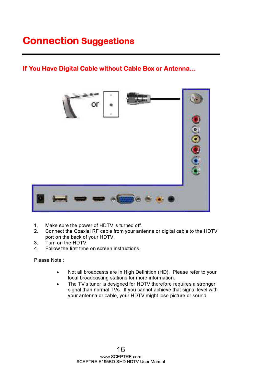 Sceptre Technologies E195BD-SHD user manual Connection Suggestions, If You Have Digital Cable without Cable Box or Antenna… 