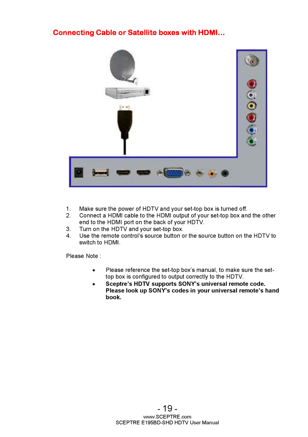 Sceptre Technologies E195BD-SHD user manual Connecting Cable or Satellite boxes with HDMI… 