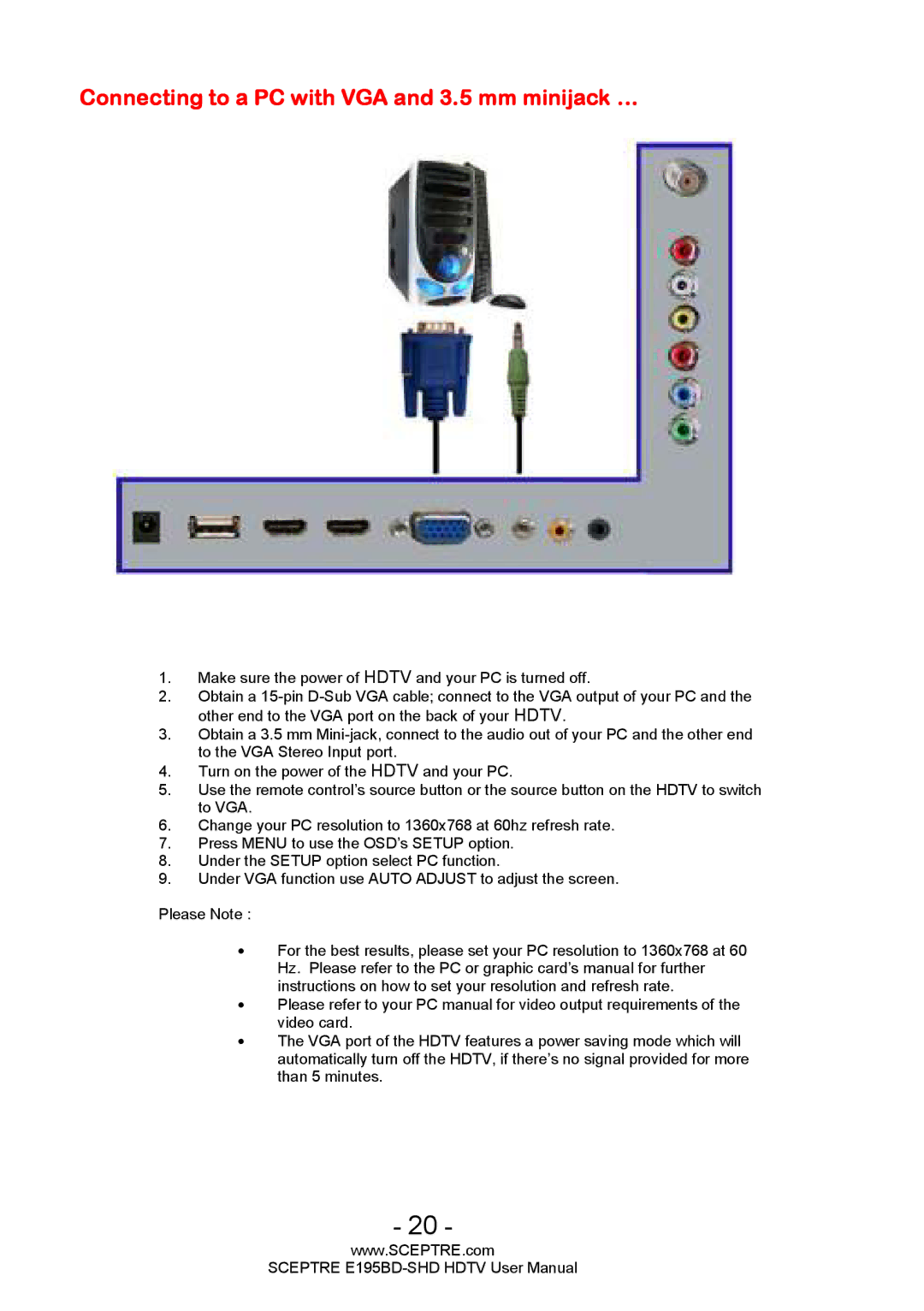 Sceptre Technologies E195BD-SHD user manual Connecting to a PC with VGA and 3.5 mm minijack … 