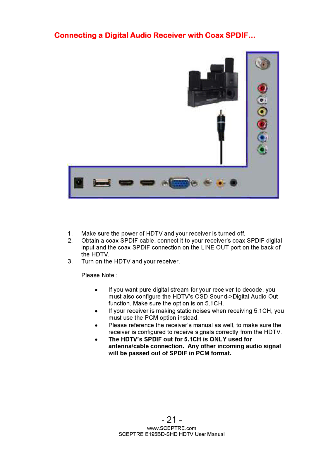 Sceptre Technologies E195BD-SHD user manual Connecting a Digital Audio Receiver with Coax SPDIF… 