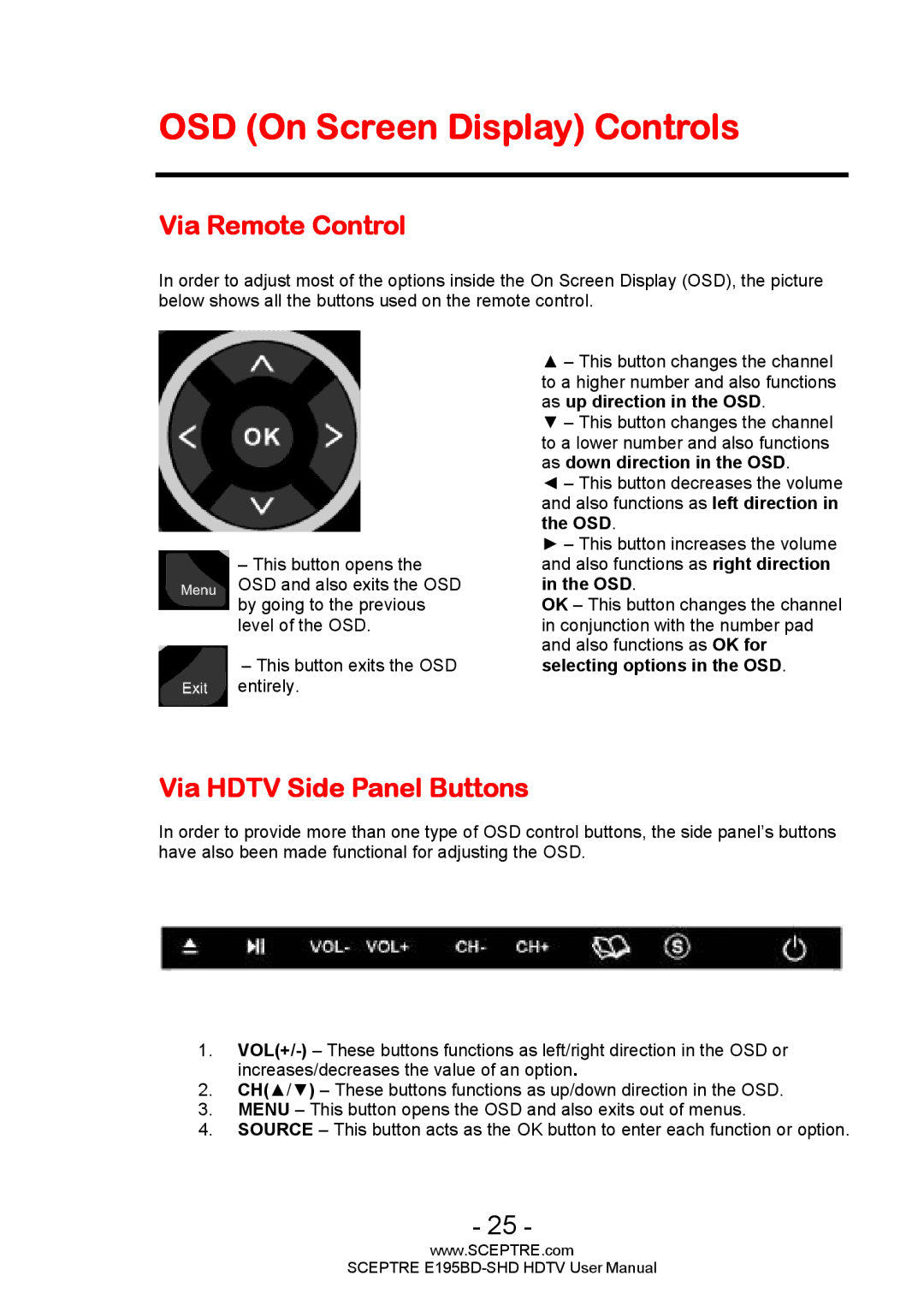 Sceptre Technologies E195BD-SHD user manual OSD On Screen Display Controls, Via Remote Control, Via Hdtv Side Panel Buttons 