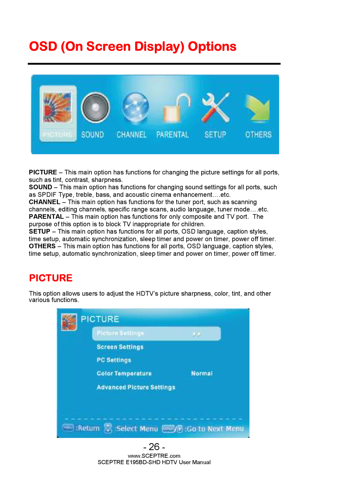 Sceptre Technologies E195BD-SHD user manual OSD On Screen Display Options, Picture 