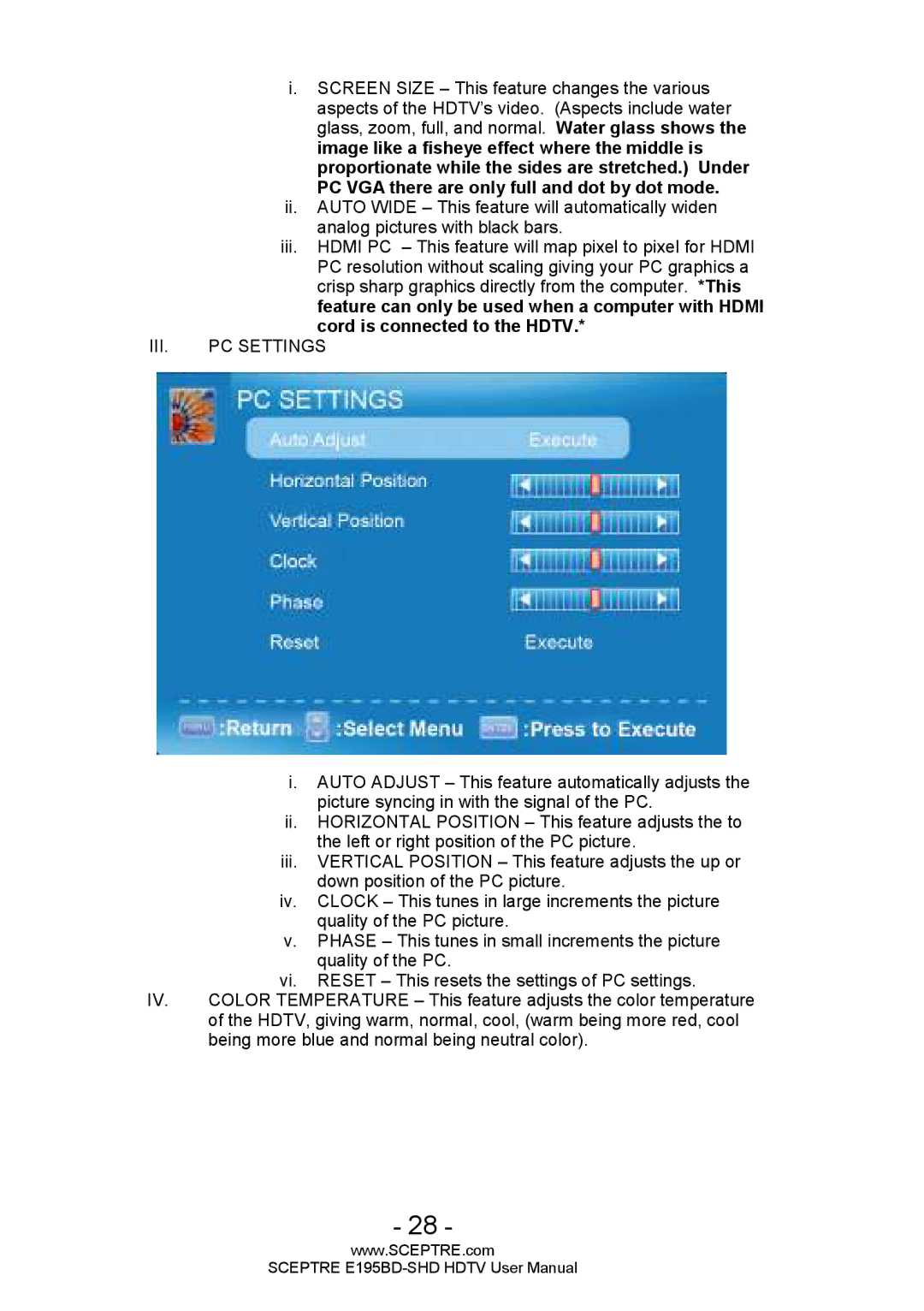 Sceptre Technologies E195BD-SHD user manual III. PC Settings 