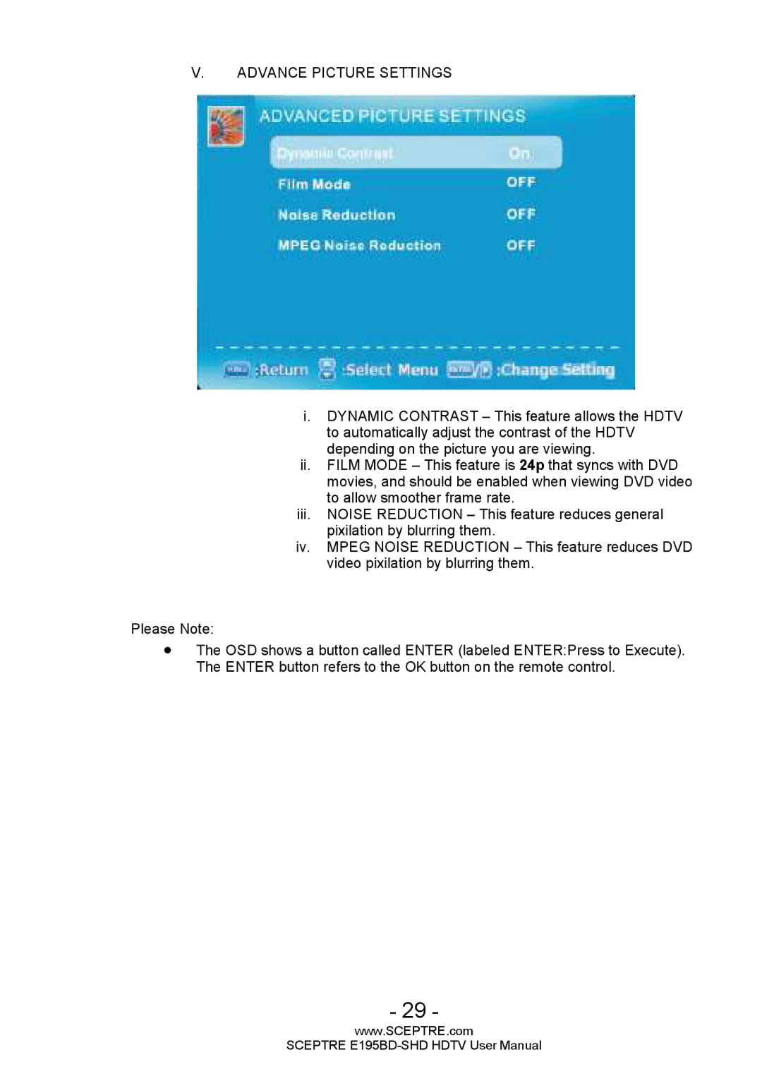 Sceptre Technologies E195BD-SHD user manual Advance Picture Settings 