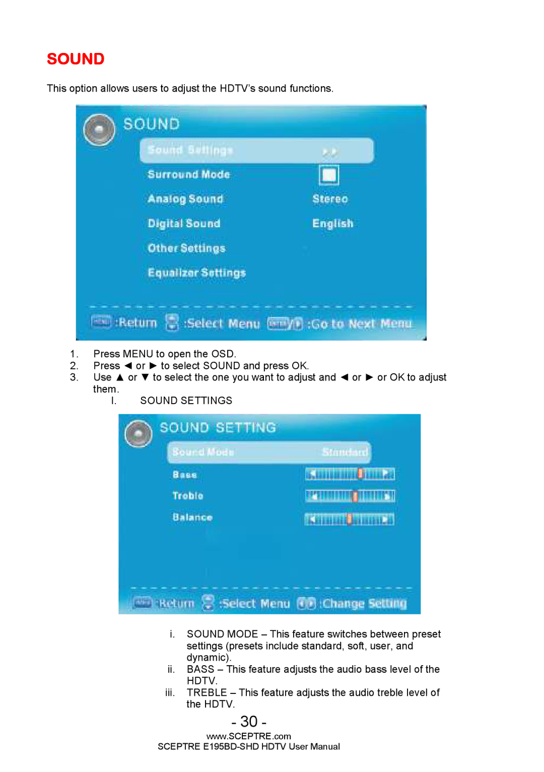 Sceptre Technologies E195BD-SHD user manual Sound Settings 