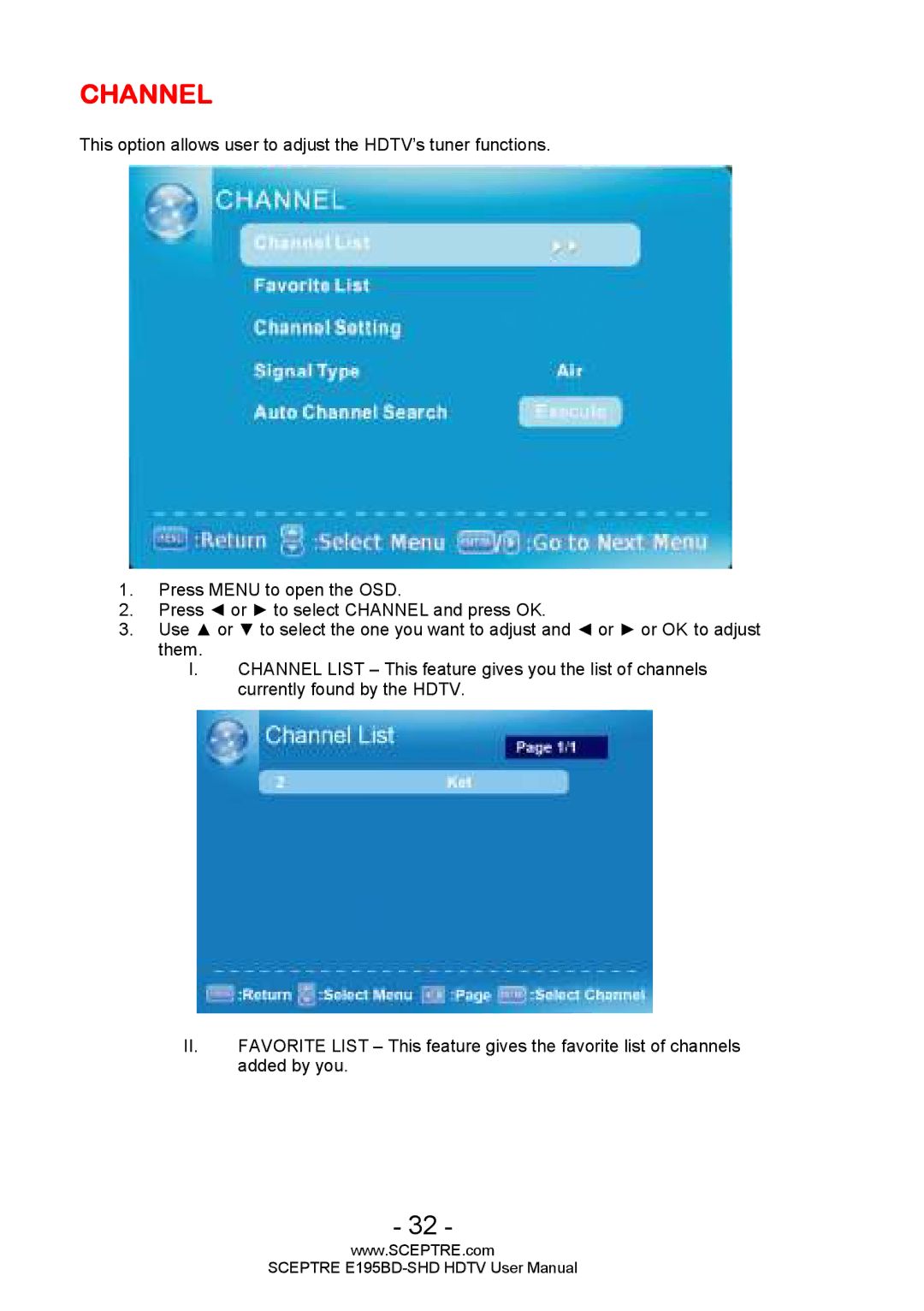 Sceptre Technologies E195BD-SHD user manual Channel 