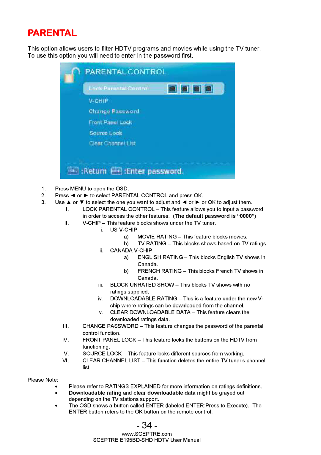 Sceptre Technologies E195BD-SHD user manual Parental 