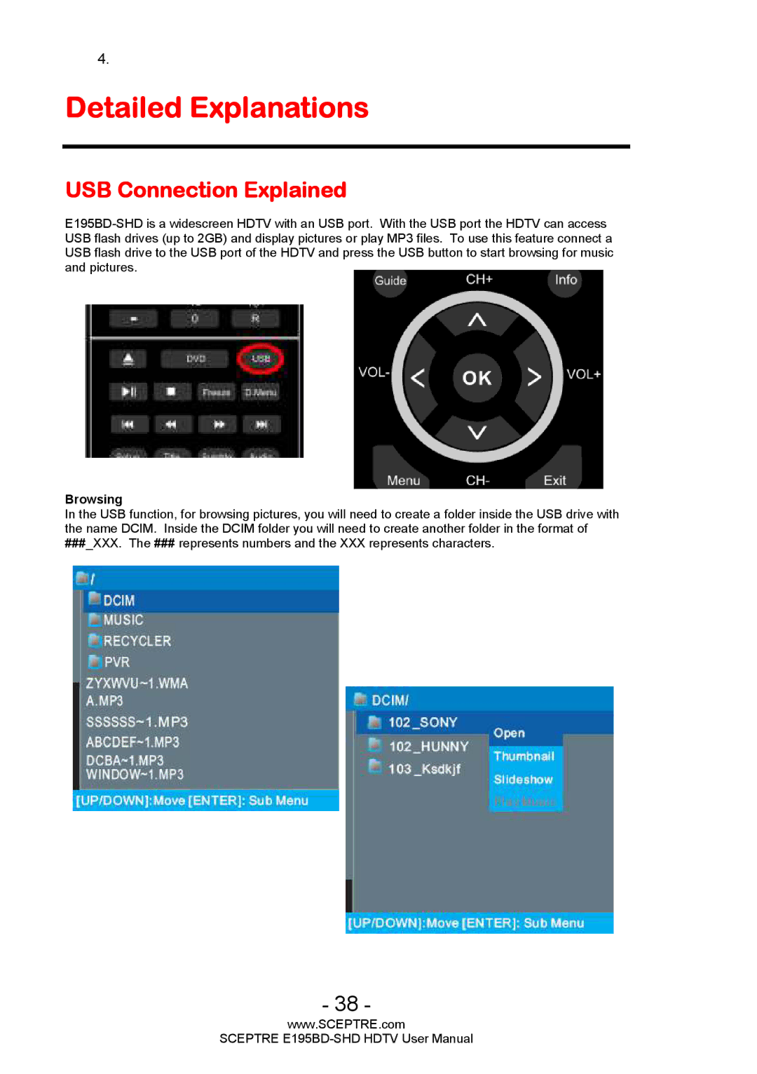 Sceptre Technologies E195BD-SHD user manual Detailed Explanations, USB Connection Explained, Browsing 