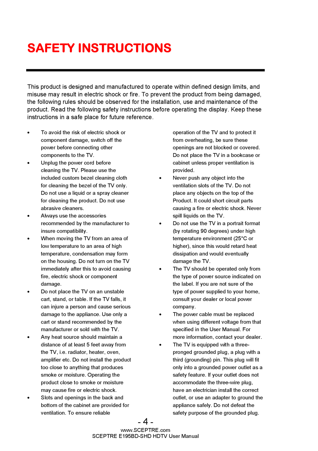 Sceptre Technologies E195BD-SHD user manual Safety Instructions 