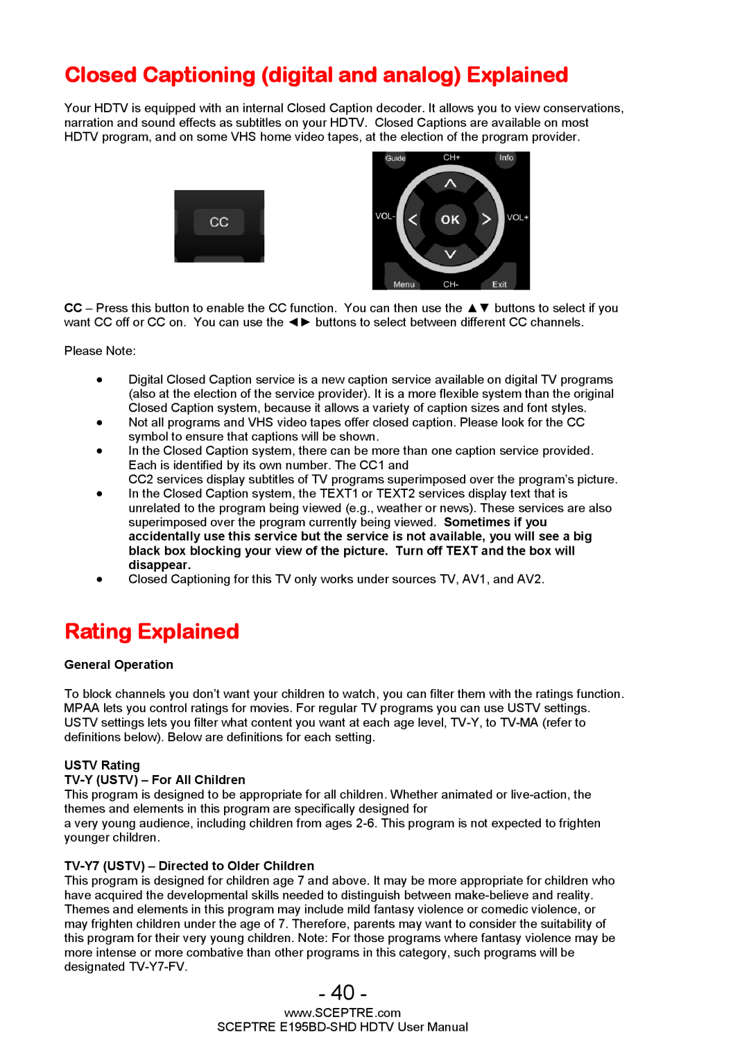 Sceptre Technologies E195BD-SHD Closed Captioning digital and analog Explained, Rating Explained, General Operation 