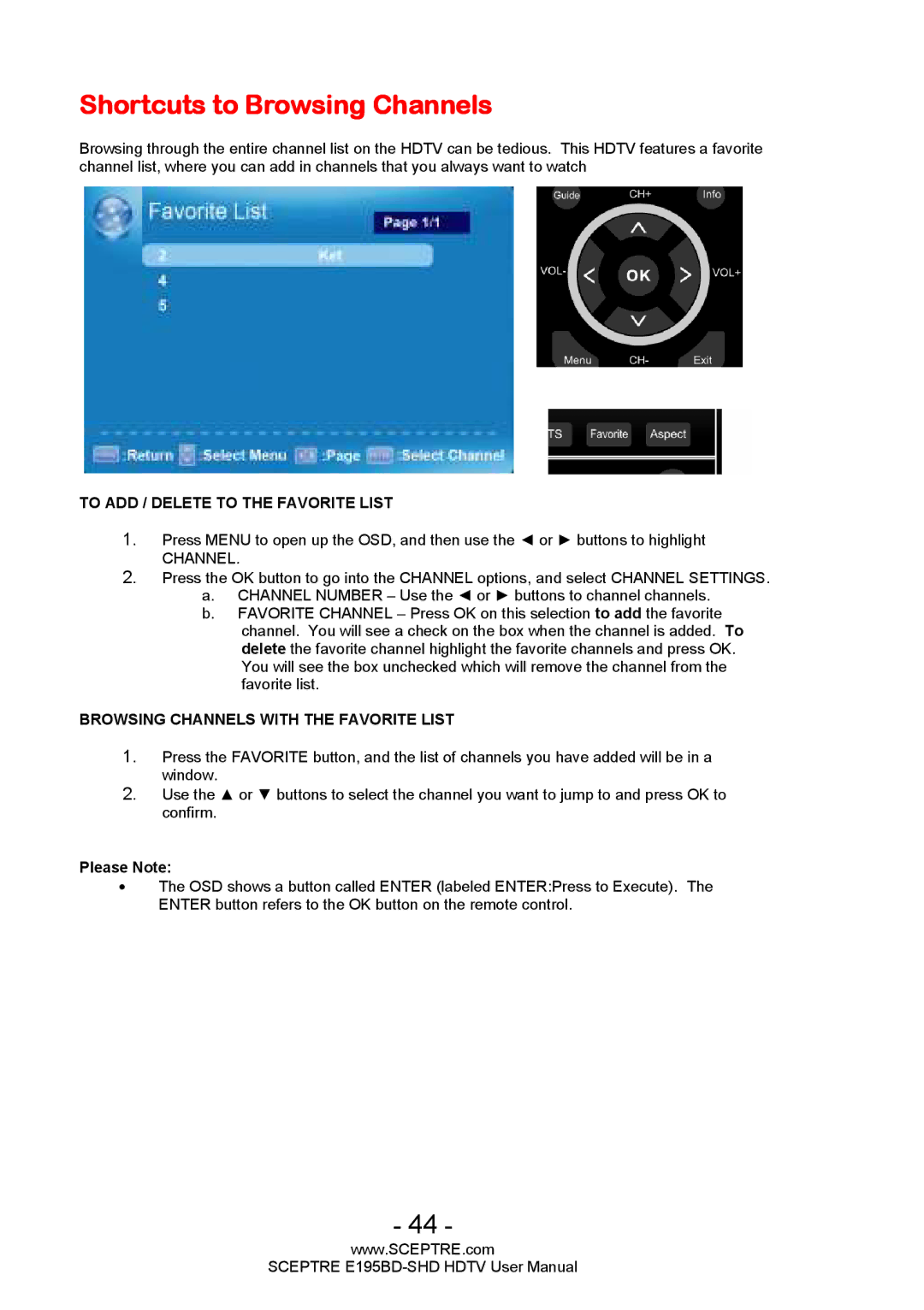 Sceptre Technologies E195BD-SHD user manual Shortcuts to Browsing Channels, To ADD / Delete to the Favorite List 