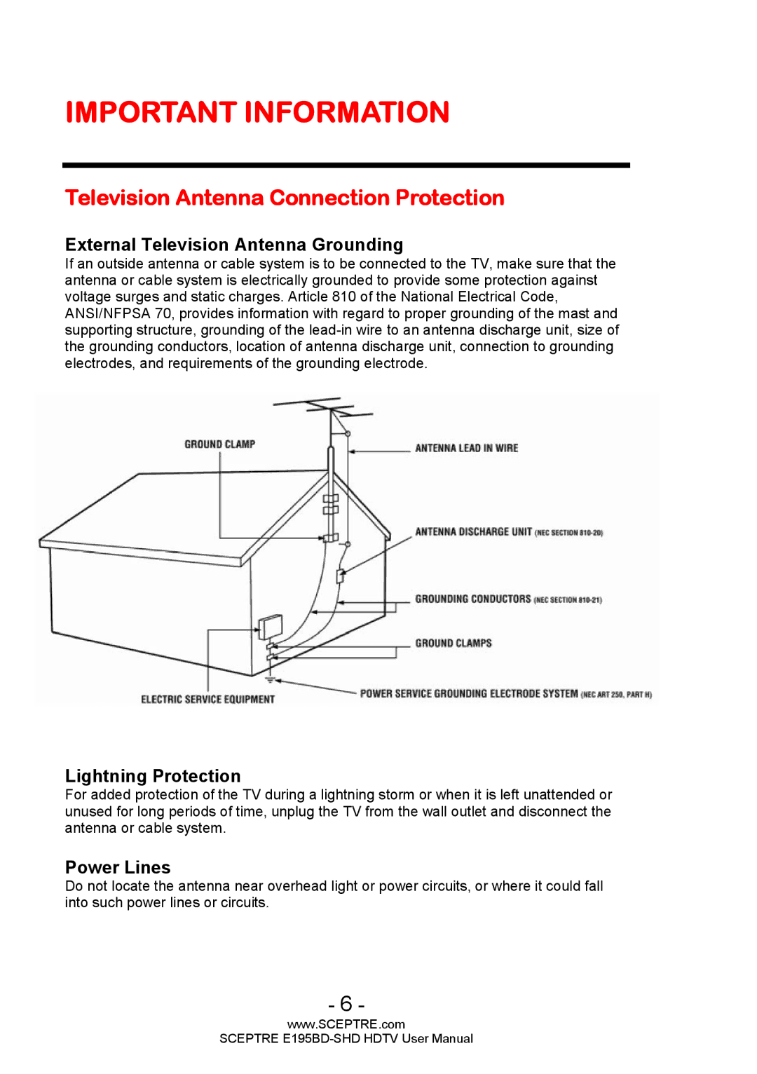 Sceptre Technologies E195BD-SHD user manual Television Antenna Connection Protection, External Television Antenna Grounding 