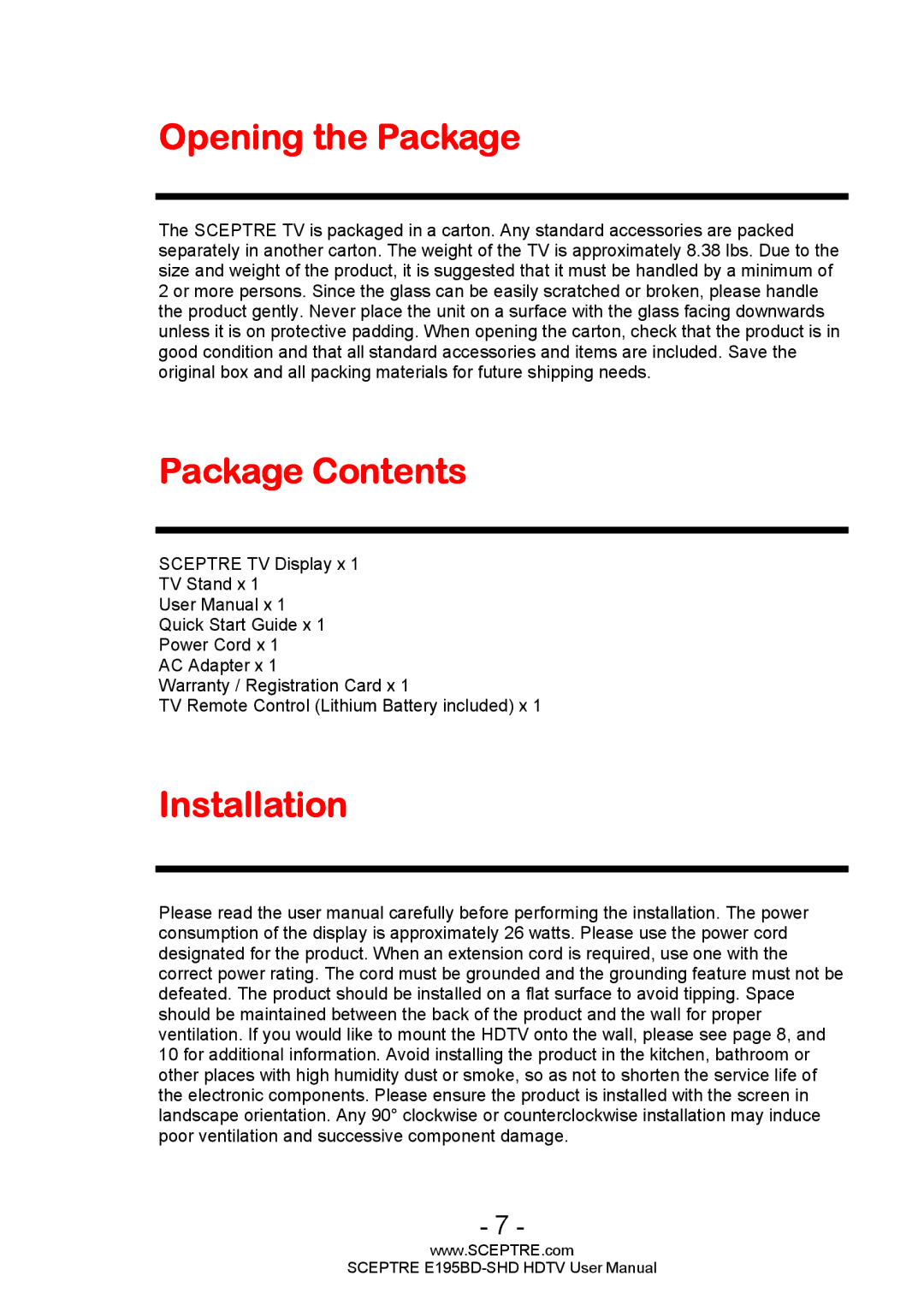 Sceptre Technologies E195BD-SHD user manual Opening the Package, Package Contents, Installation 