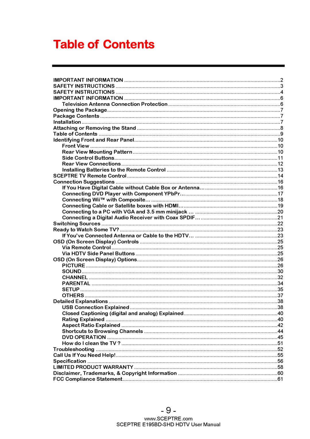 Sceptre Technologies E195BD-SHD user manual Table of Contents 