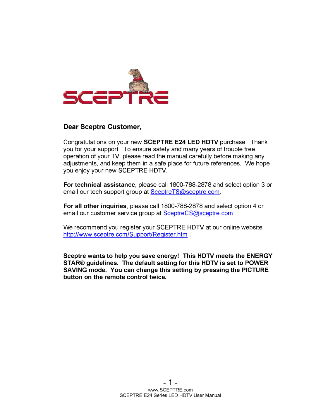 Sceptre Technologies E24 Series user manual Dear Sceptre Customer 