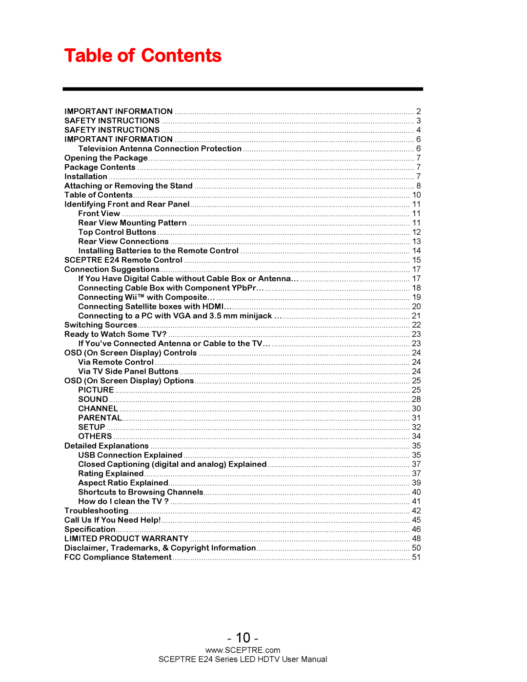 Sceptre Technologies E24 Series user manual Table of Contents 