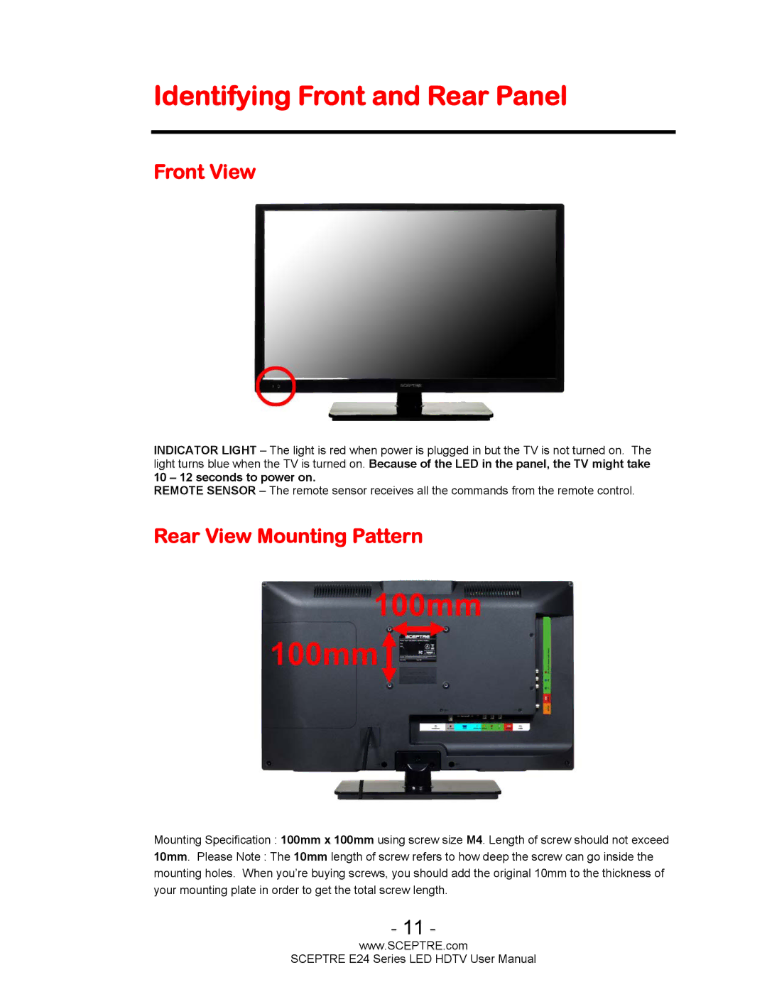 Sceptre Technologies E24 Series user manual Identifying Front and Rear Panel, Front View, Rear View Mounting Pattern 