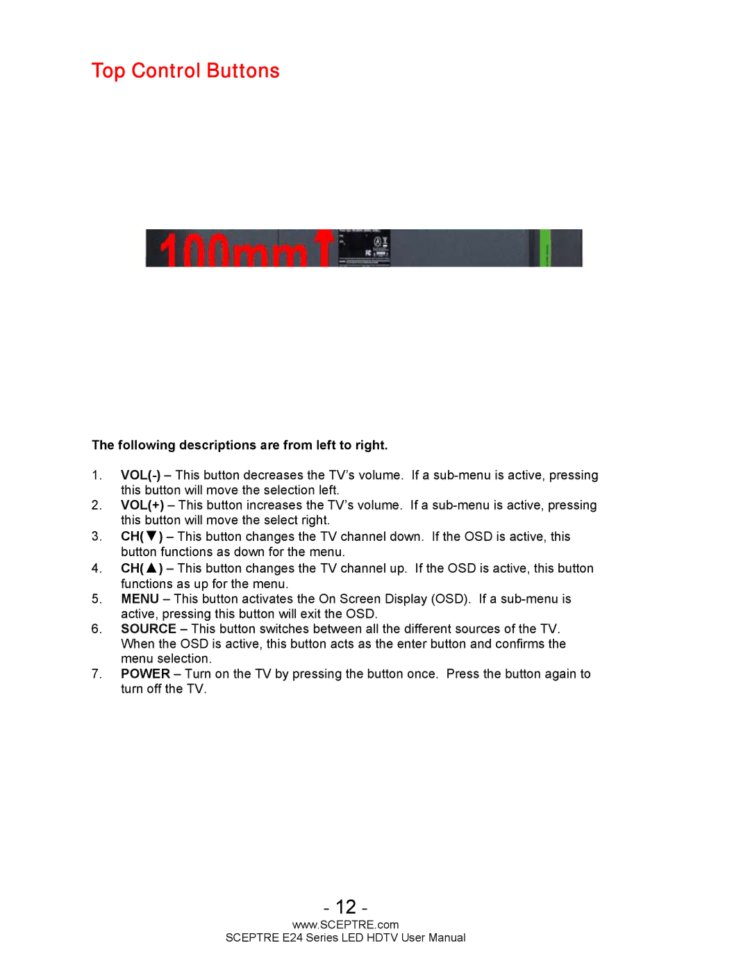 Sceptre Technologies E24 Series user manual Top Control Buttons, Following descriptions are from left to right 