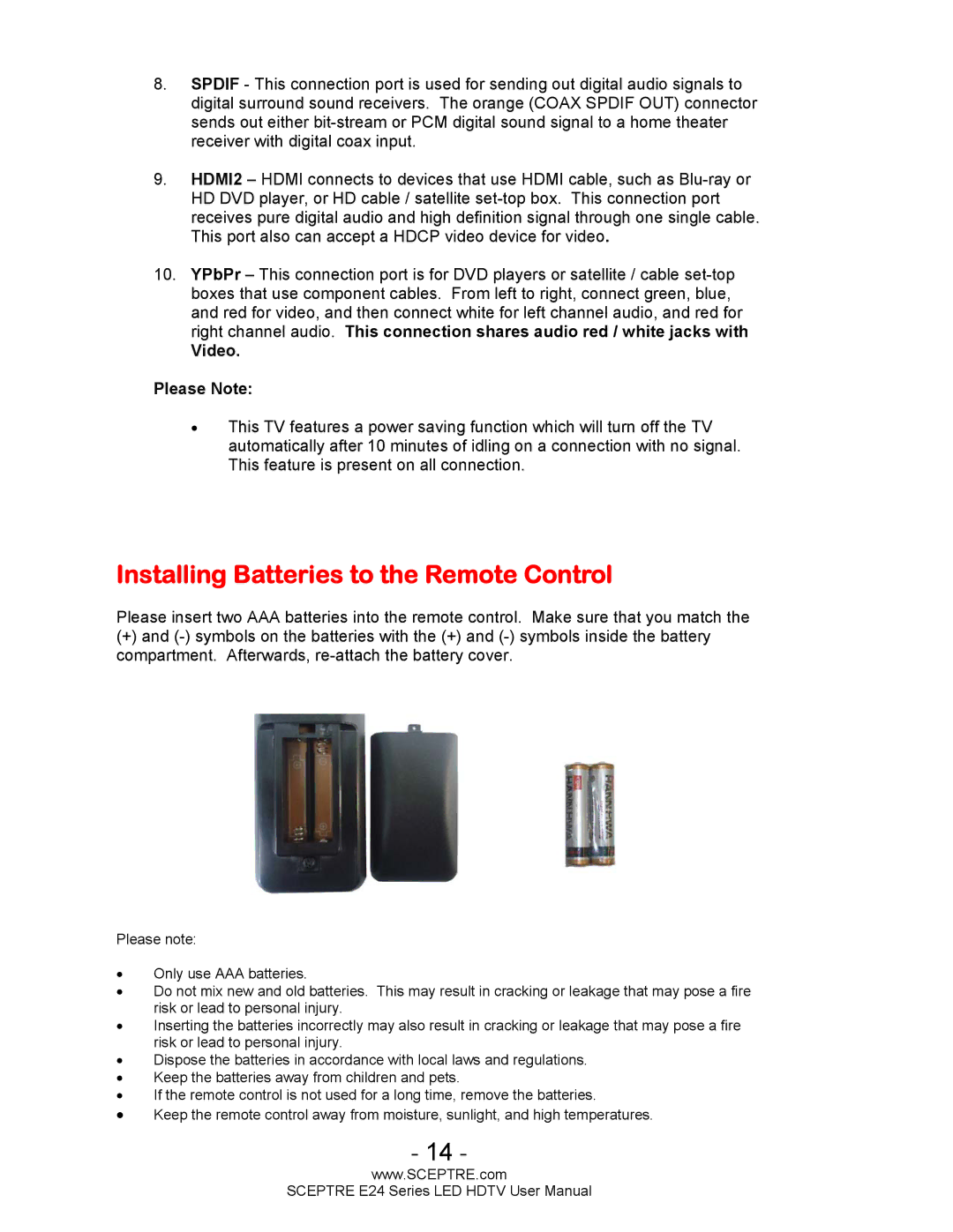 Sceptre Technologies E24 Series user manual Installing Batteries to the Remote Control, Video Please Note 