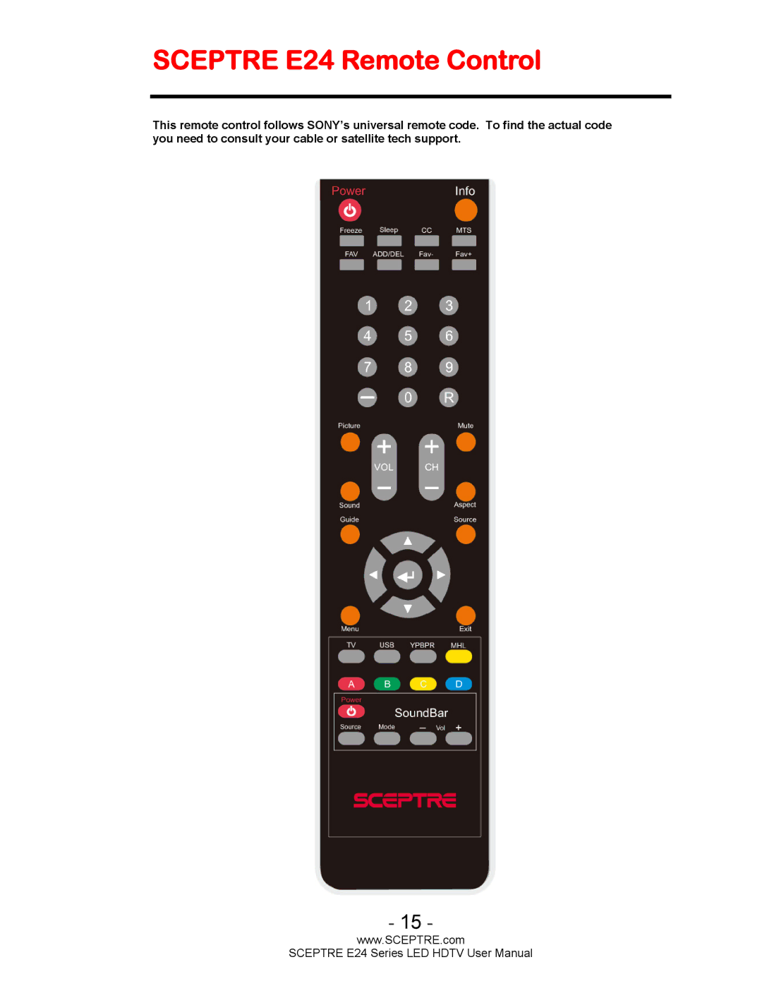 Sceptre Technologies E24 Series user manual Sceptre E24 Remote Control 