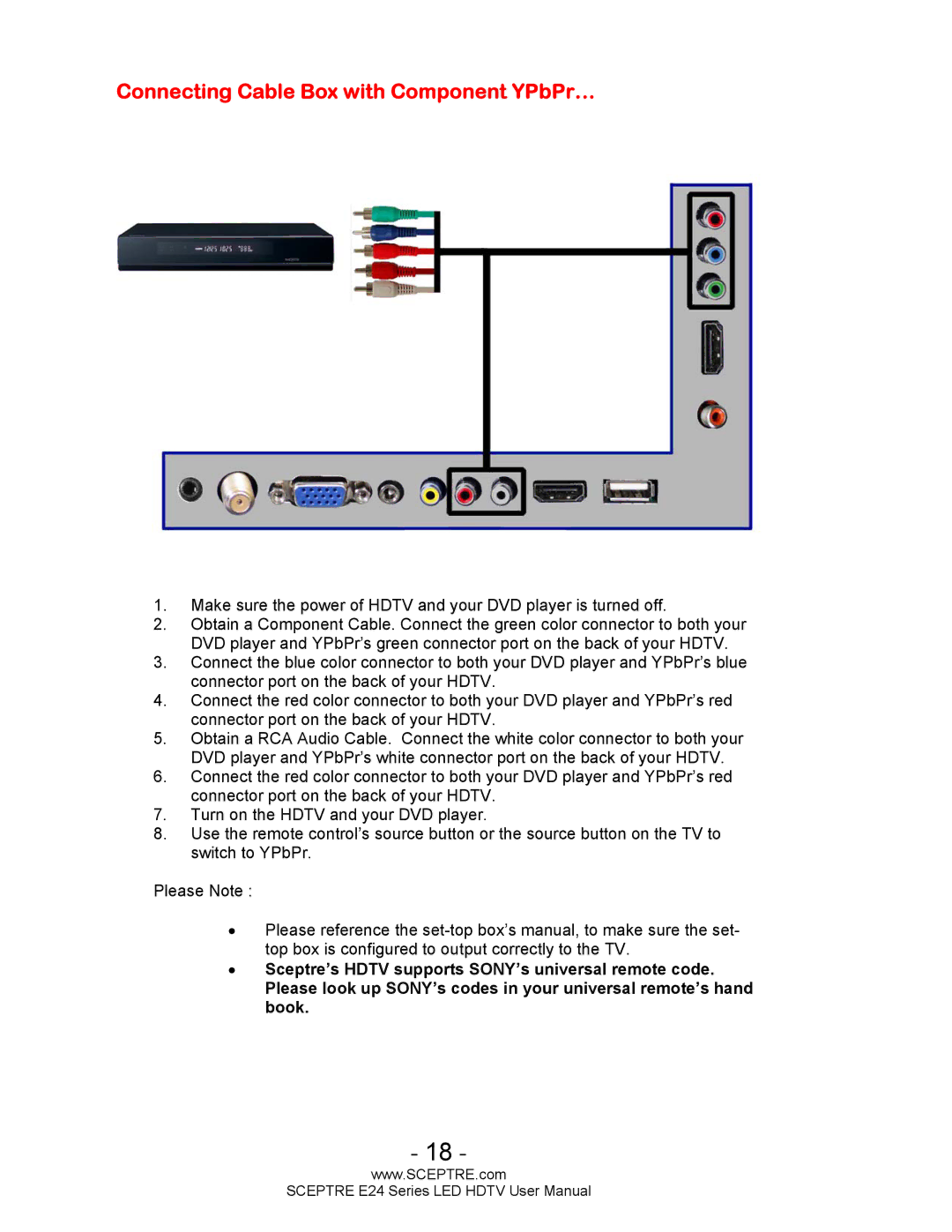 Sceptre Technologies E24 Series user manual Connecting Cable Box with Component YPbPr… 