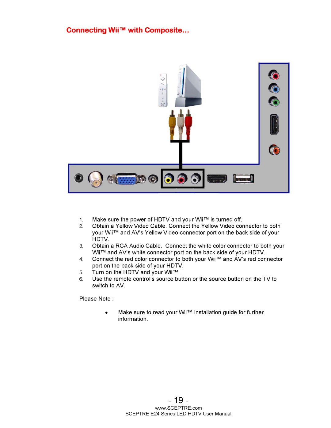 Sceptre Technologies E24 Series user manual Connecting Wii with Composite… 