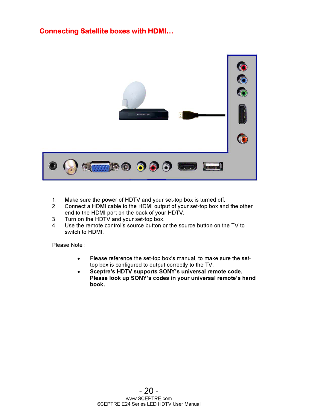 Sceptre Technologies E24 Series user manual Connecting Satellite boxes with HDMI… 