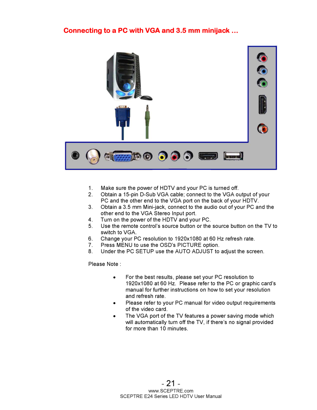 Sceptre Technologies E24 Series user manual Connecting to a PC with VGA and 3.5 mm minijack … 