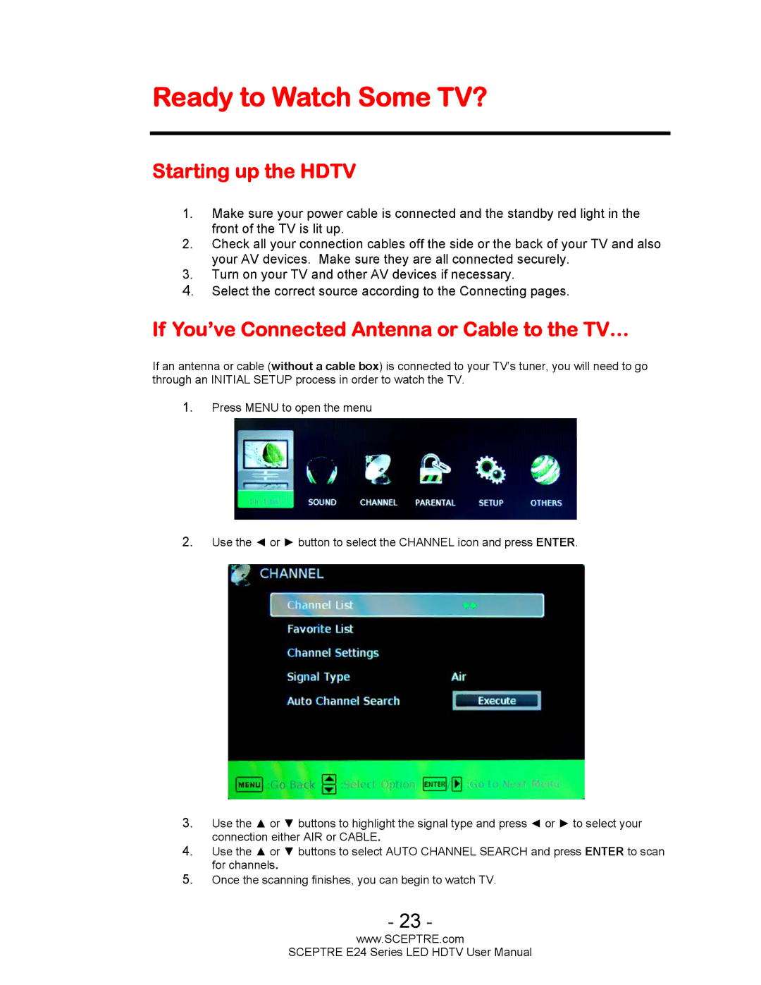 Sceptre Technologies E24 Series user manual Ready to Watch Some TV?, Starting up the Hdtv 