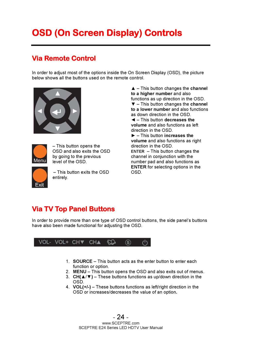 Sceptre Technologies E24 Series user manual OSD On Screen Display Controls, Via Remote Control, Via TV Top Panel Buttons 