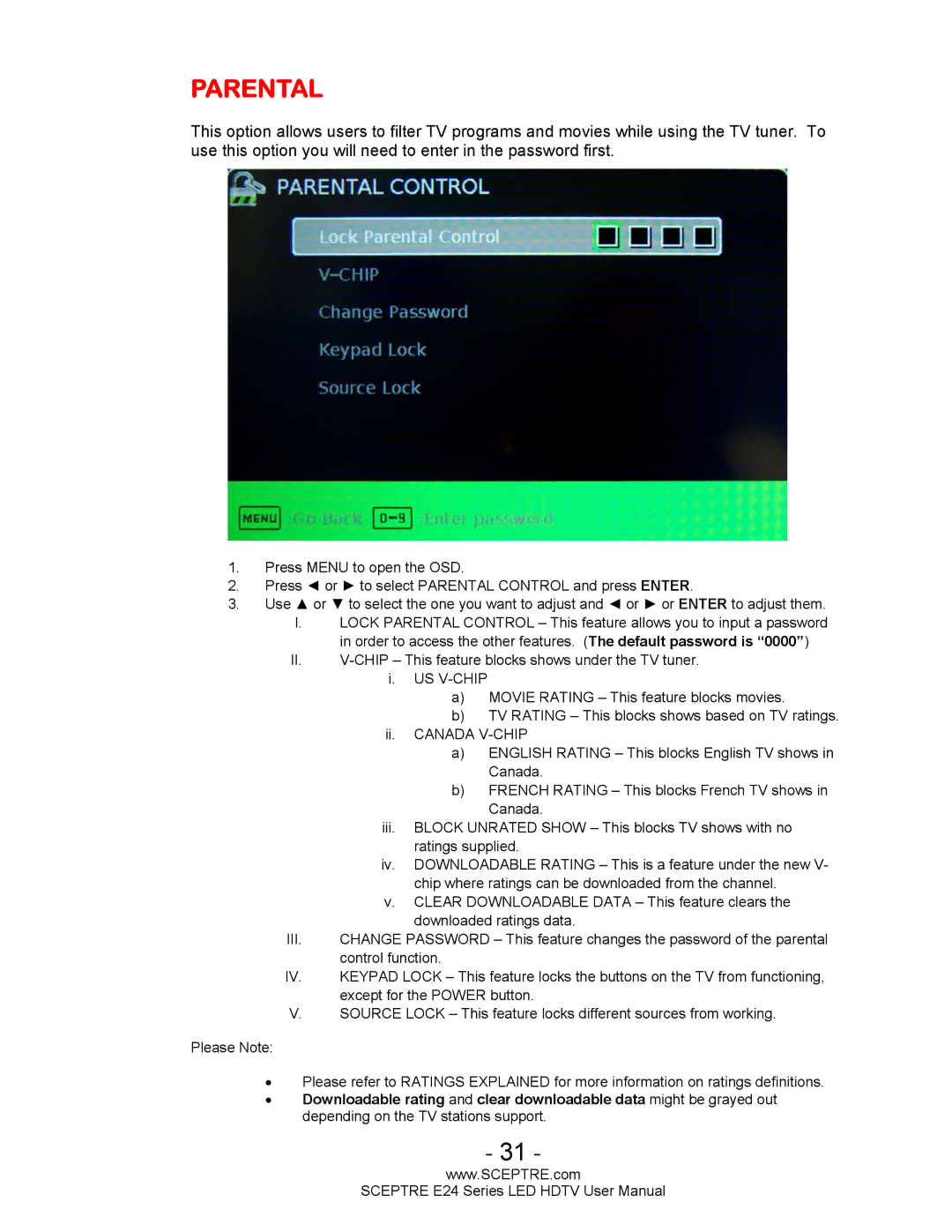 Sceptre Technologies E24 Series user manual Parental 