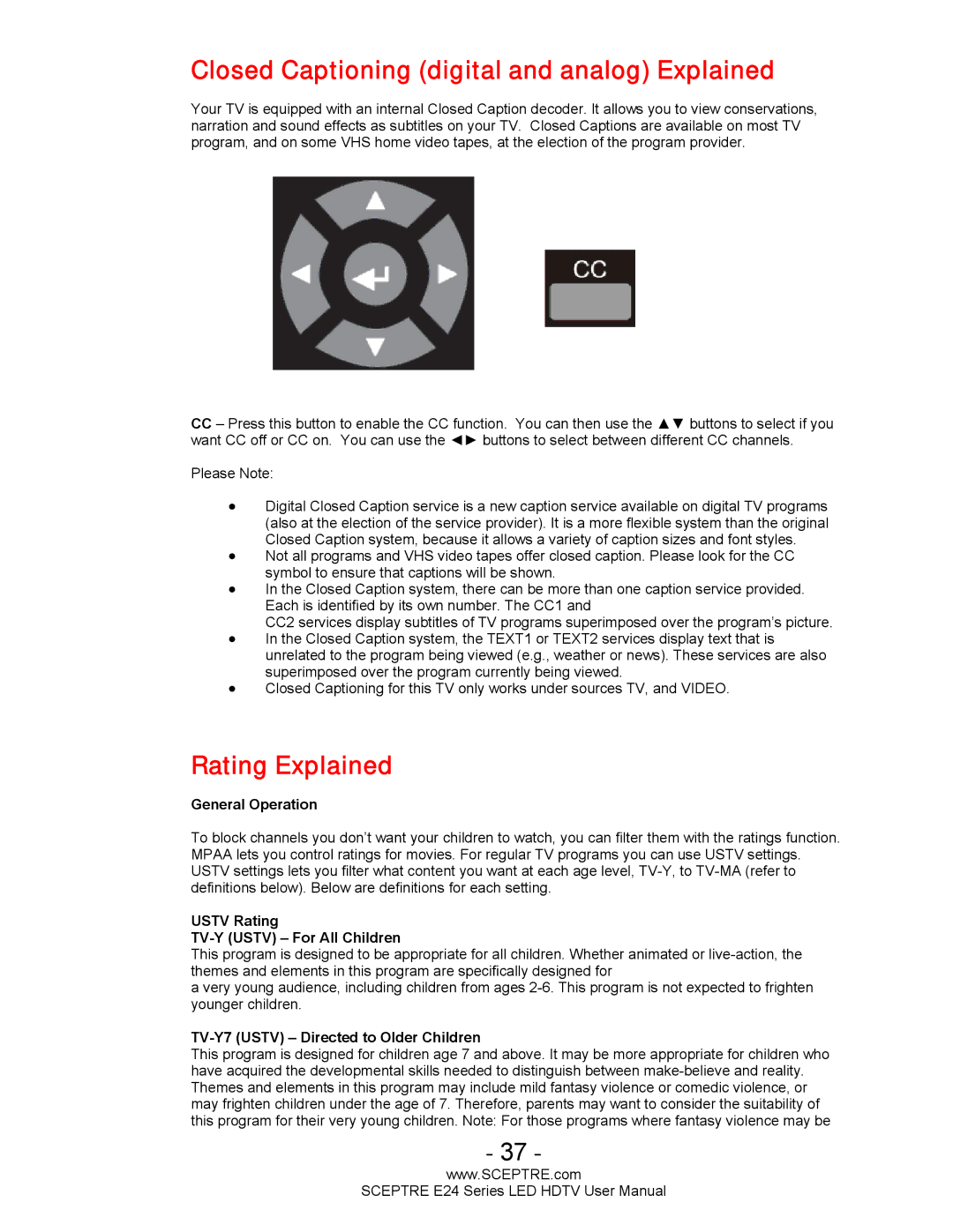 Sceptre Technologies E24 Series user manual Closed Captioning digital and analog Explained, Rating Explained 