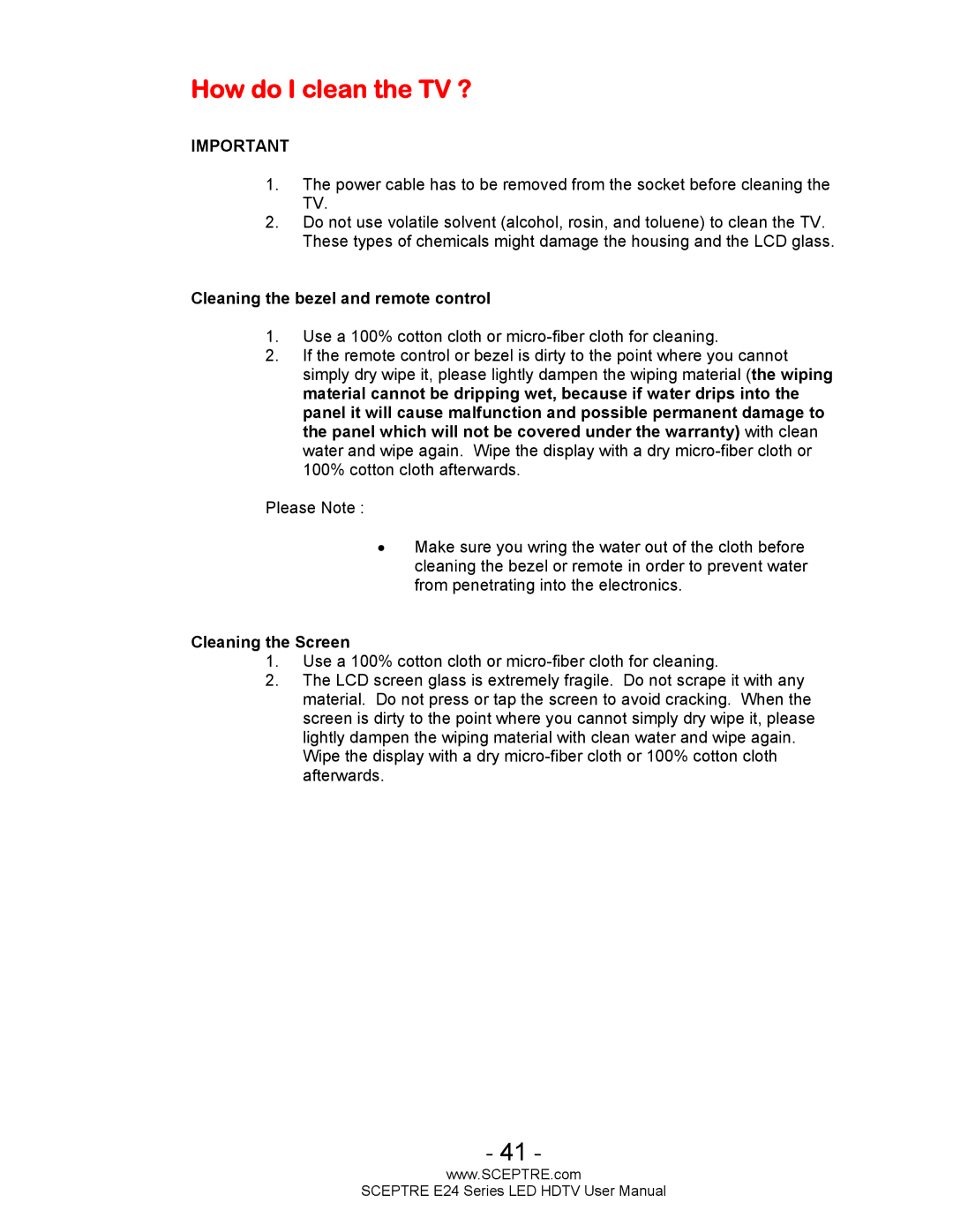 Sceptre Technologies E24 Series user manual How do I clean the TV ?, Cleaning the bezel and remote control 