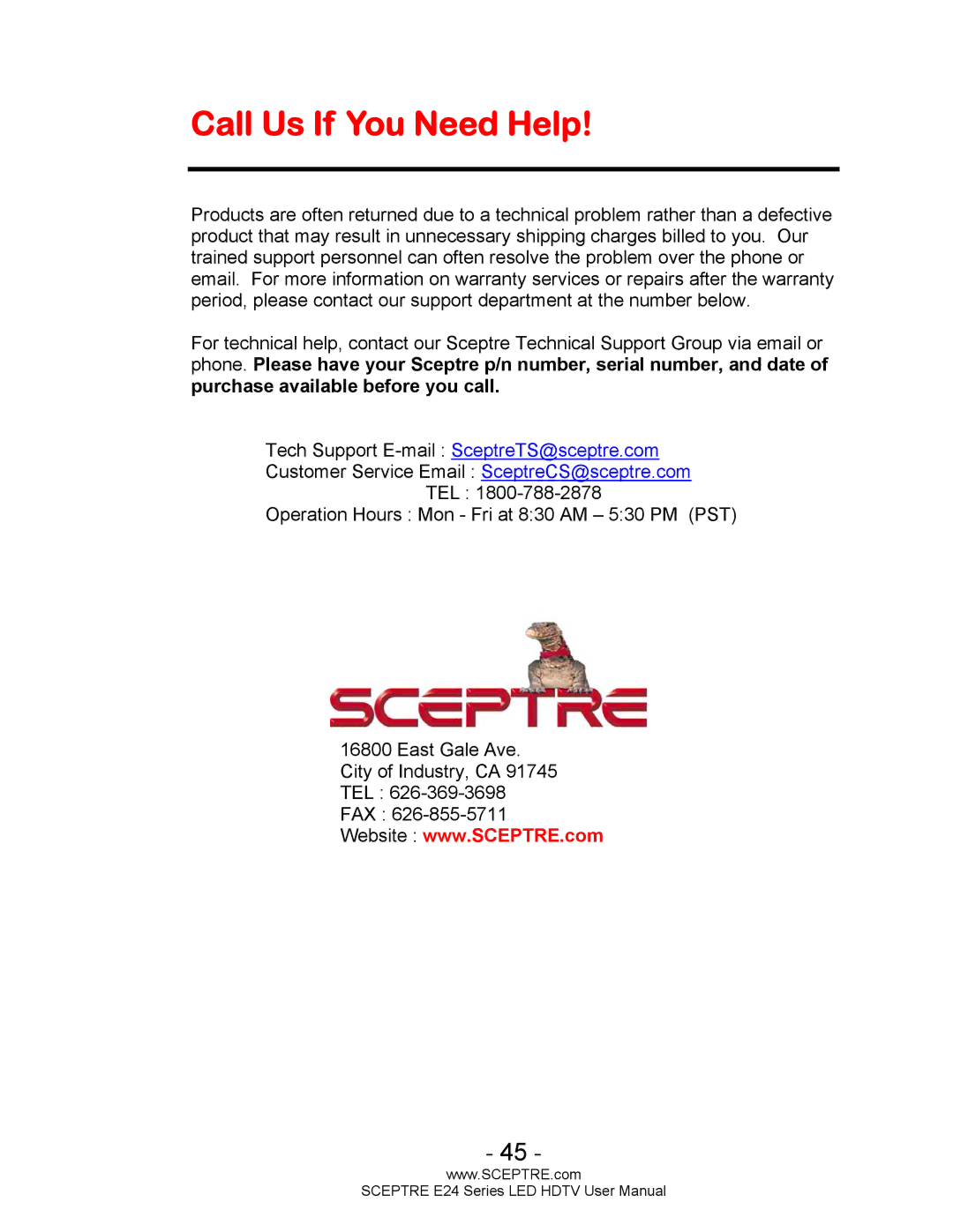 Sceptre Technologies E24 Series user manual Call Us If You Need Help 