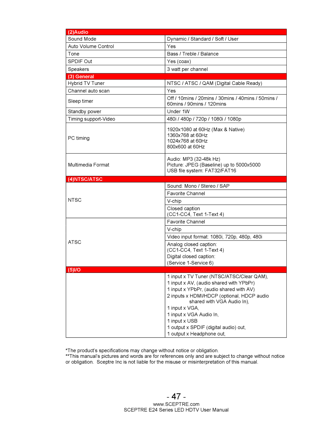 Sceptre Technologies E24 Series user manual 4NTSC/ATSC 