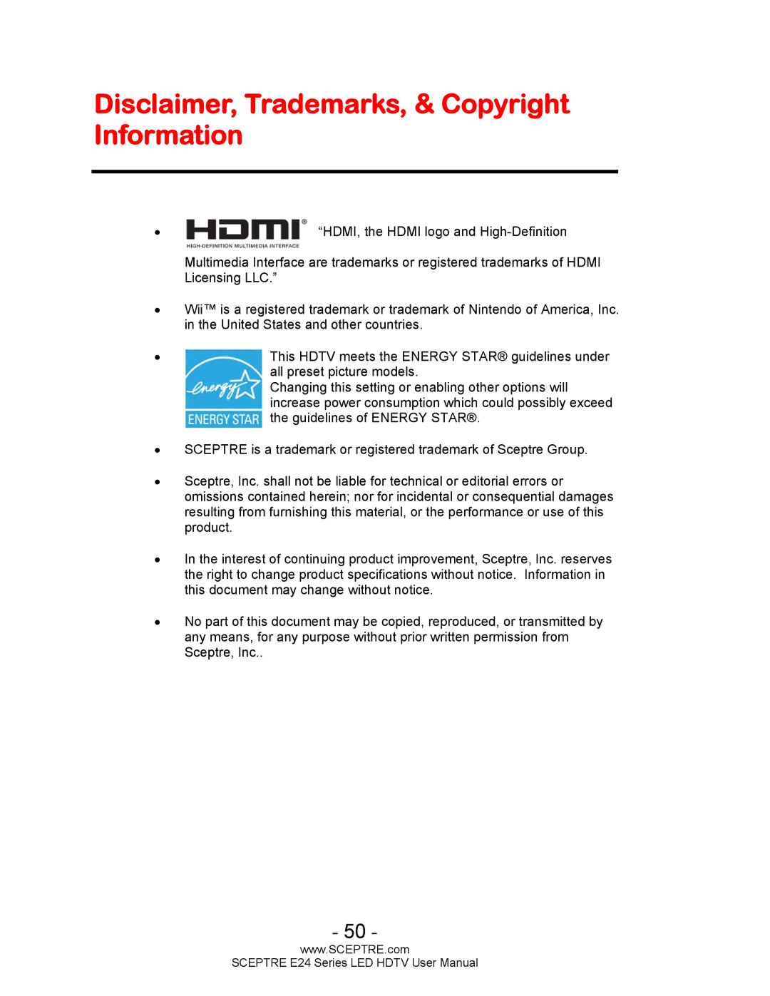 Sceptre Technologies E24 Series user manual Disclaimer, Trademarks, & Copyright Information 