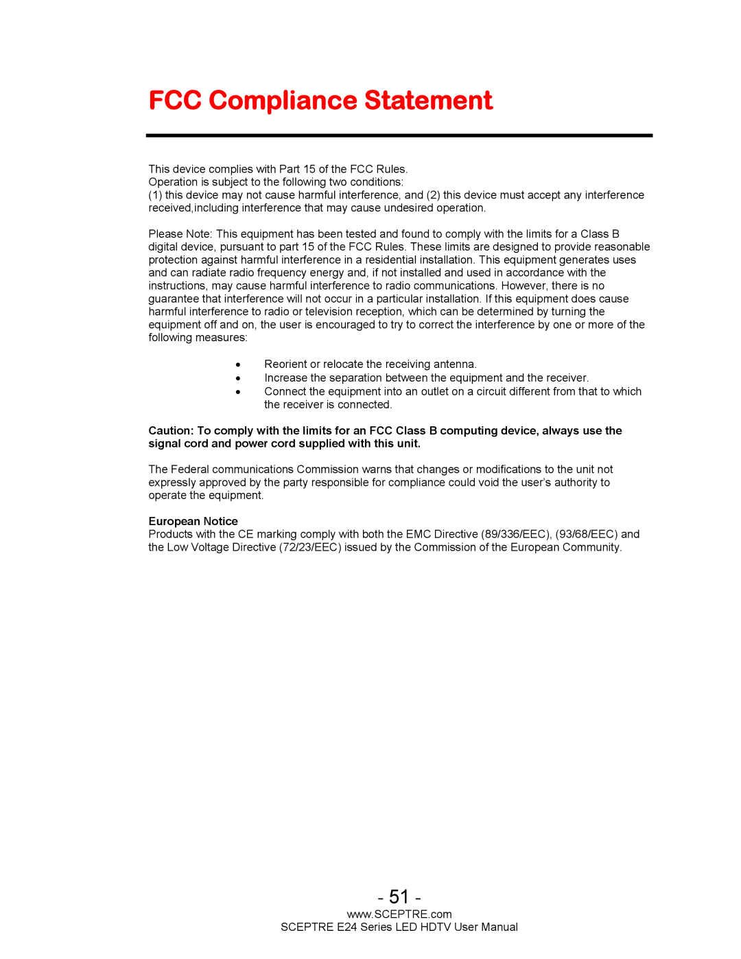 Sceptre Technologies E24 Series user manual FCC Compliance Statement, European Notice 