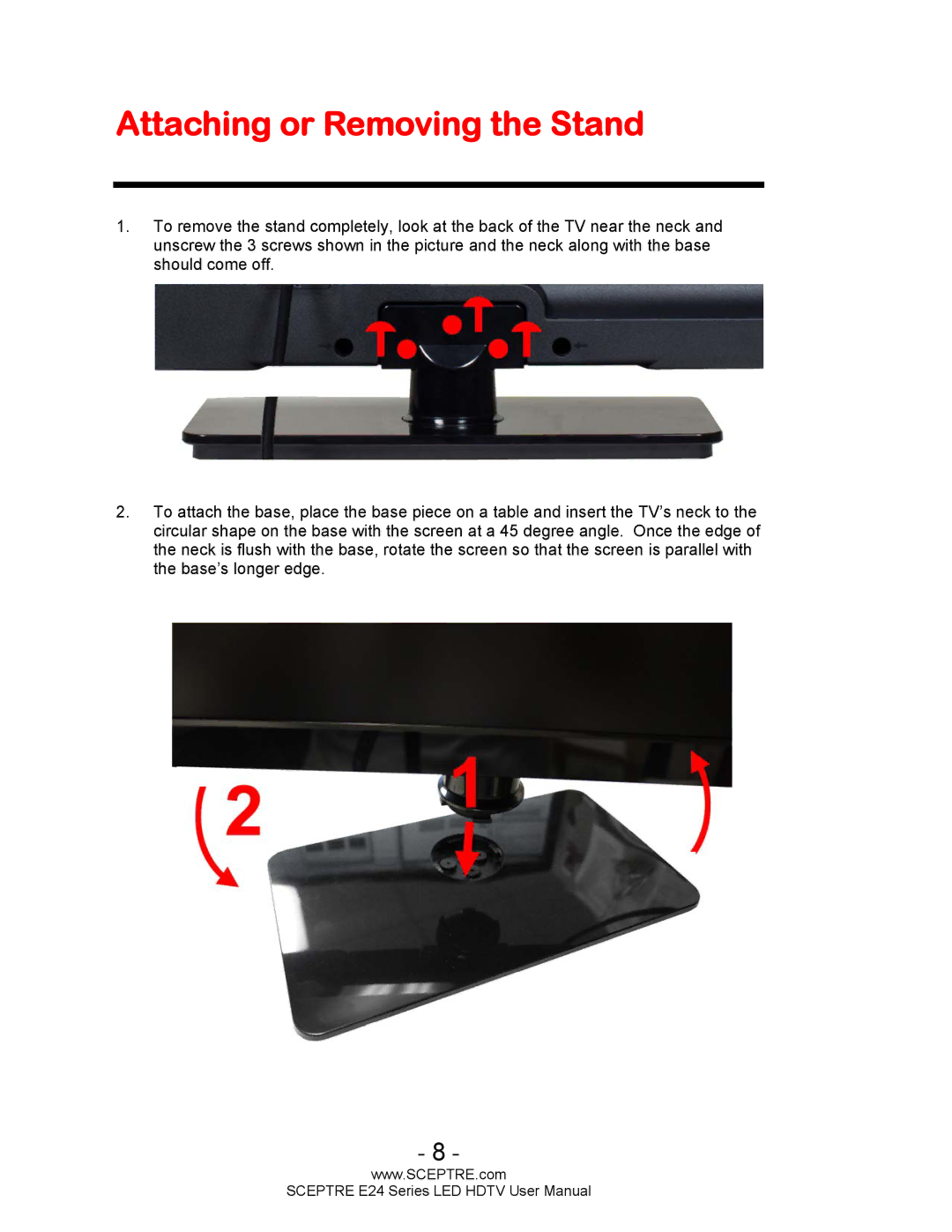 Sceptre Technologies E24 Series user manual Attaching or Removing the Stand 